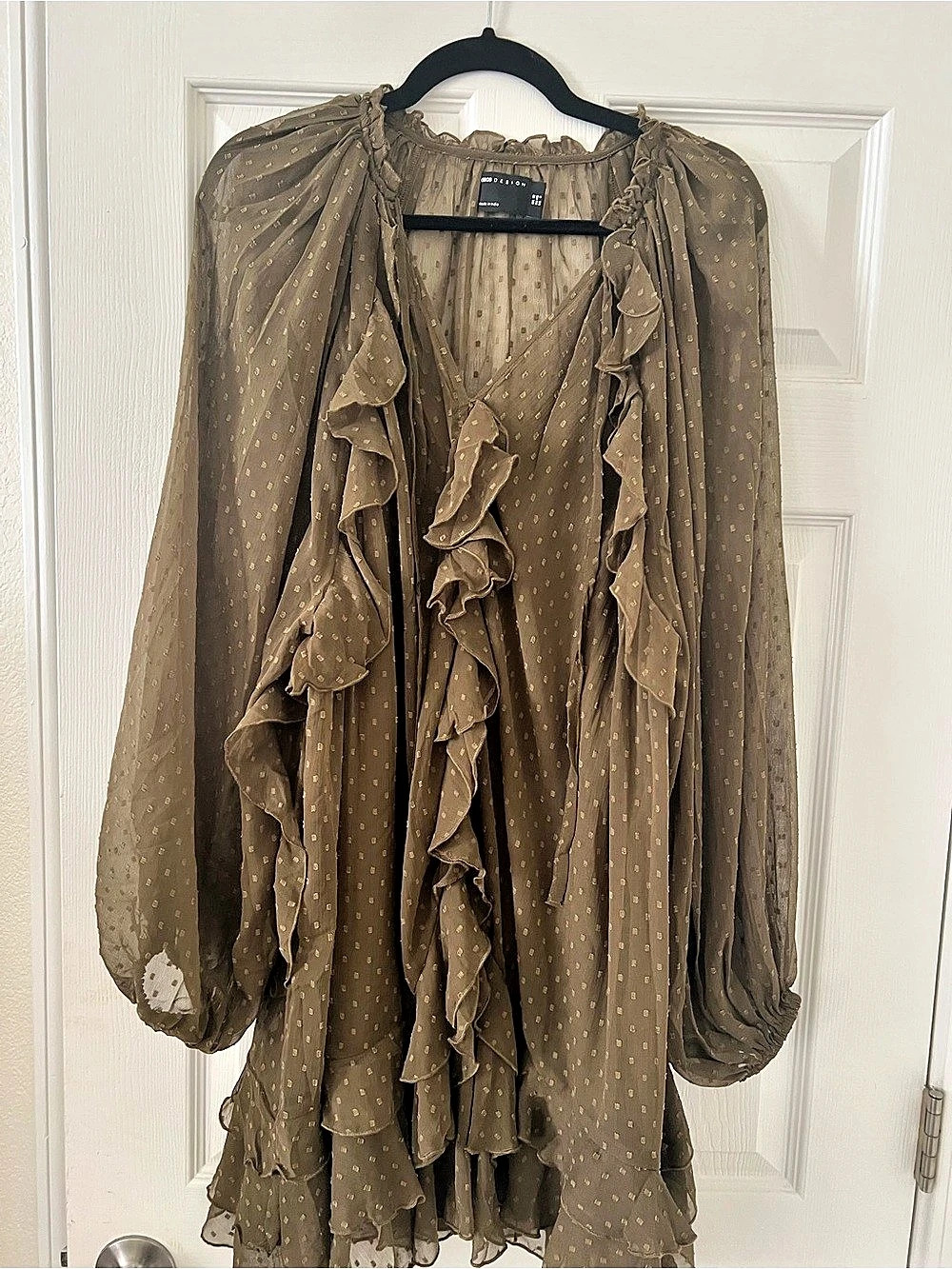 ASOS Design dobby chiffon mini dress with ruffles & blouson sleeve Brown Polka
